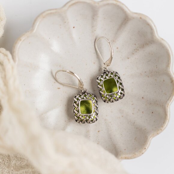 Recycled Early 1900s Olive Green Wine Bottle Vintage Quilted Square Earrings - Picture 3 of 6